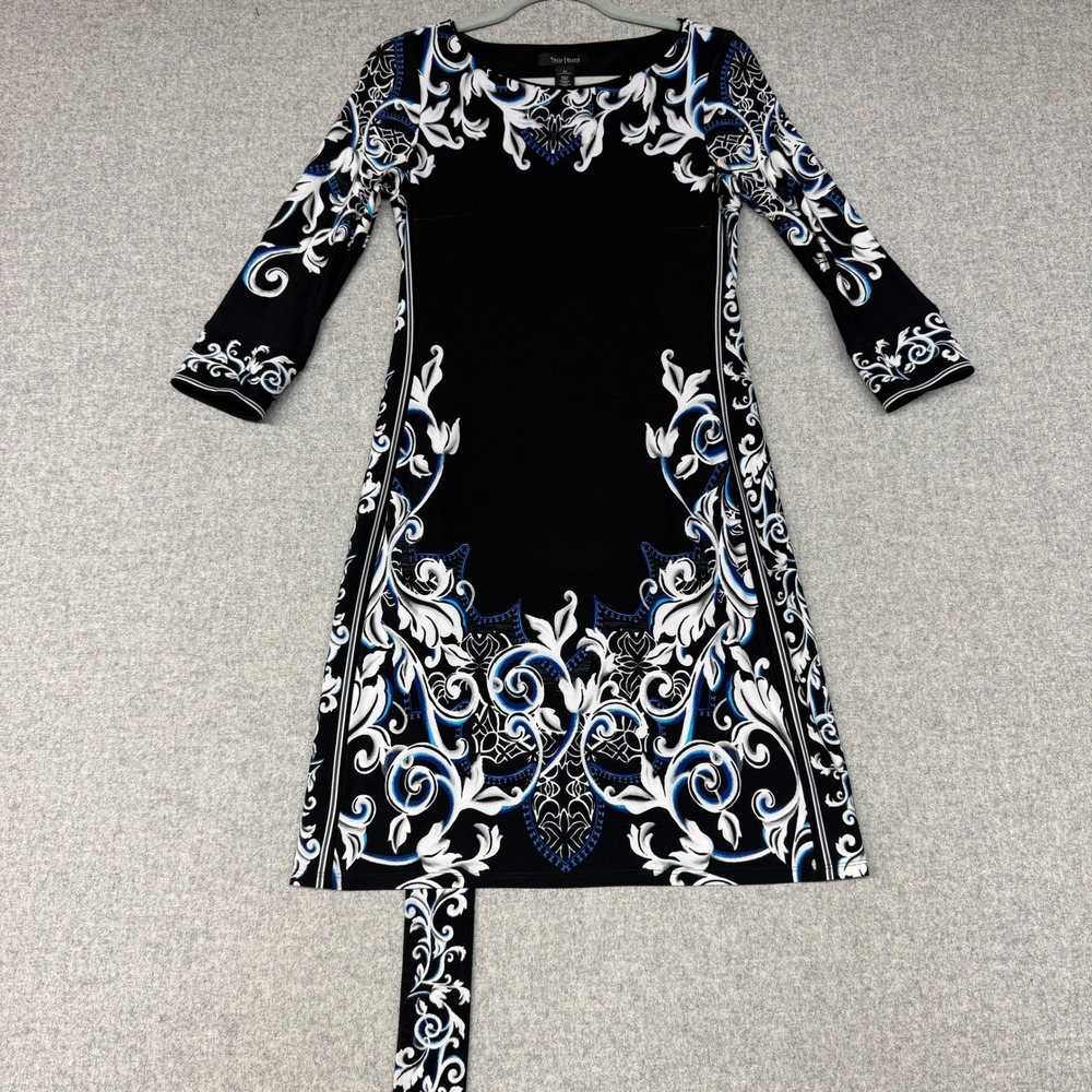 White House Black Market Sheath Dress XS Black Blue Scroll Print Belted Sleeve
